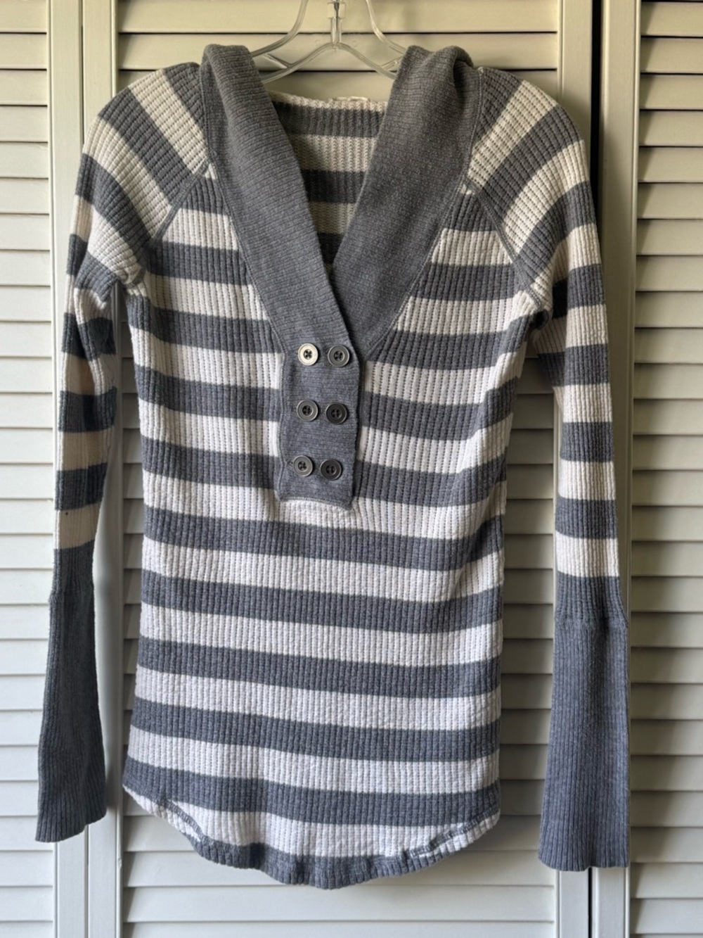 Mossimo Supply Co. Gray & White Striped Hooded Button-Placket Sweater